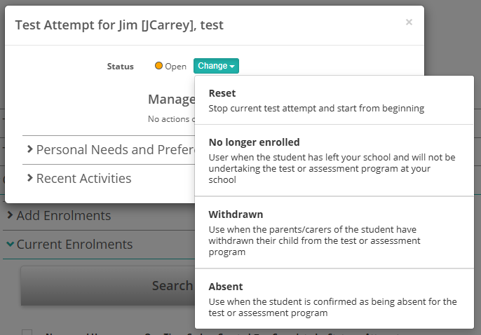 Test Attempt modal showing status change options