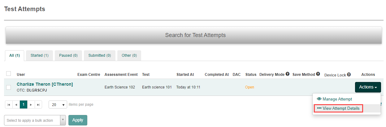 Test attempts details