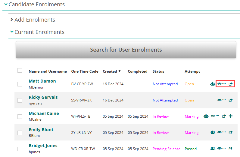 Candidate Enrolments with Current Enrolments expanded showing three access options