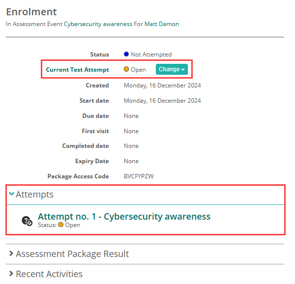 Enrolment screen showing current test attempt and attempts section