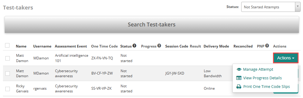 Test-takers section with Actions menu showing Manage Attempt option