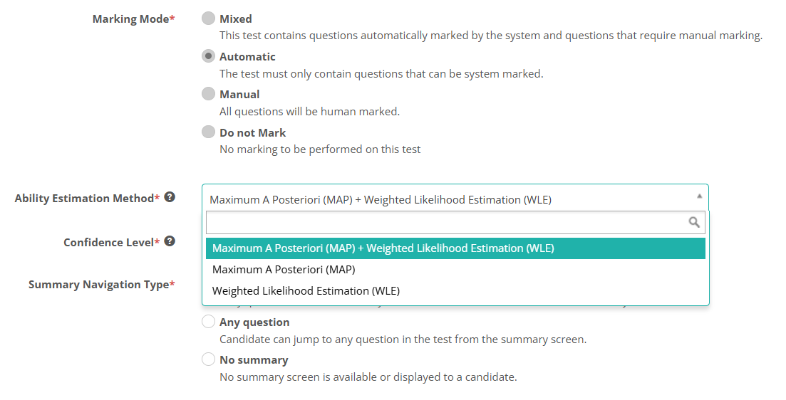 Ability Estimation Method dropdown open on the test form, showing the three estimation options, with Marking Mode set to Automatic above it