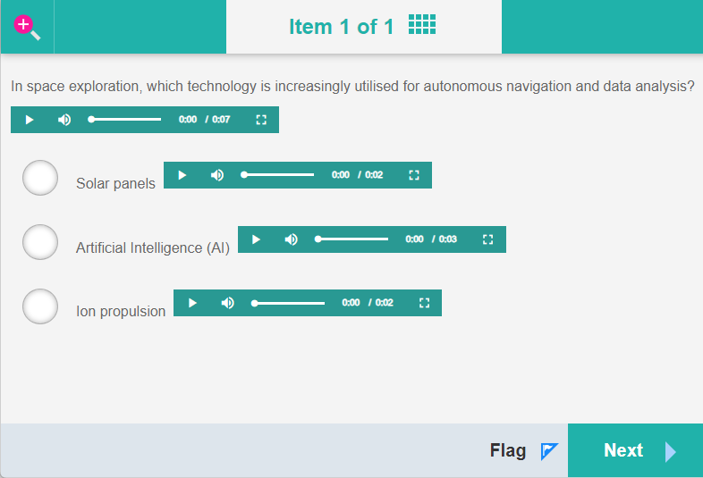 An audio player embedded in an item stem in the test player