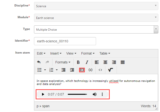 The item stem in edit mode showing a resource being inserted