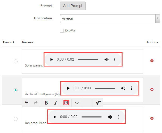 A distractor in edit mode with an embedded audio resource