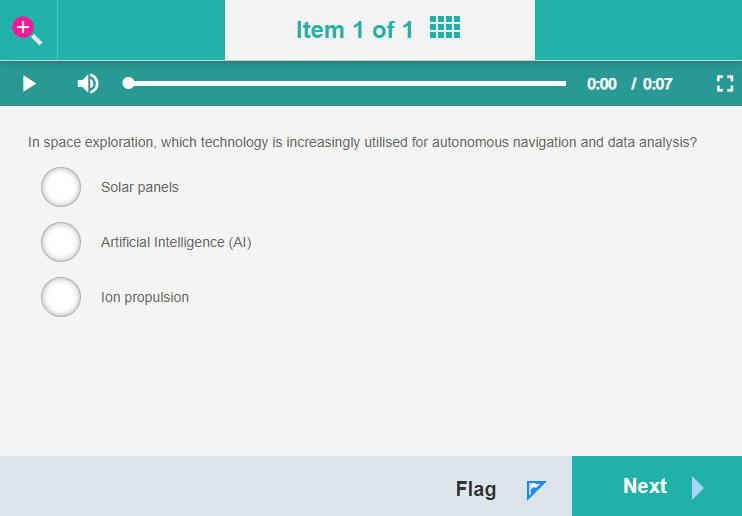The audio player bar at the top of the test player screen