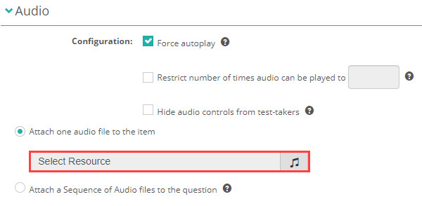 The Audio section in edit mode with Attach one audio file to the item selected and Select Resource highlighted