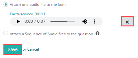 The Audio section in edit mode with an audio file attached, showing the audio player and the Save button