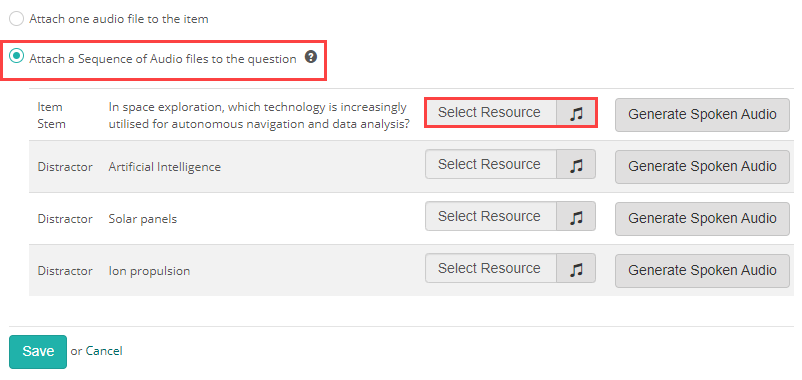 The Audio section showing the sequence table with Item Stem and distractor rows, each with a Select Resource button