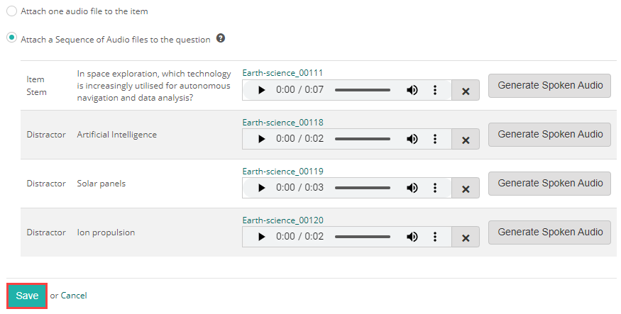 The sequence audio table after audio files have been attached, showing audio players in each row
