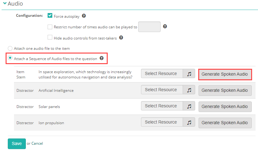 The Generate Spoken Audio button beside an item component row in the sequence table