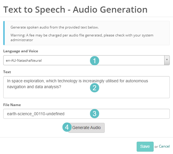 The Text to Speech screen showing the language, voice, text content, and filename fields