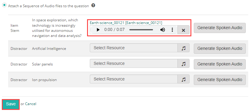 The Audio section showing generated audio files across multiple item components