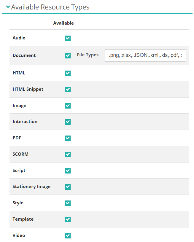 The Resource Designer Settings page showing the Available Resource Types section