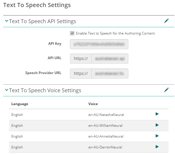 The Text To Speech Settings page showing the API settings and voice settings sections
