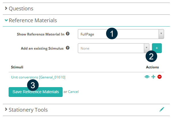 Reference Materials editor showing the Show Reference Material In dropdown, Add an existing Stimulus field, and Save Reference Materials button