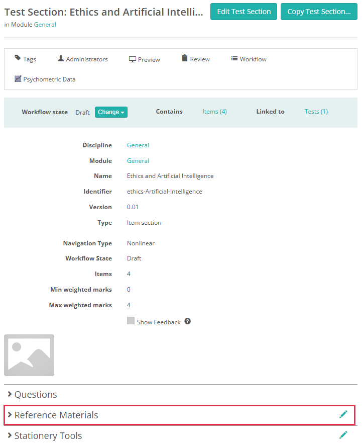 Test Section Details page showing the Reference Materials expandable section with the Edit icon