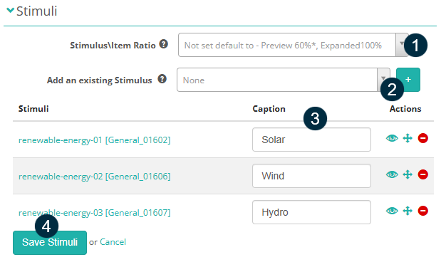 The Stimuli edit panel — callout 1: Stimulus\Item Ratio; callout 2: Add an existing Stimulus with + button; callout 3: Caption field; callout 4: Save Stimuli
