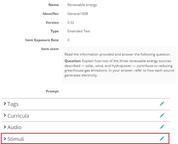 The edit icon on the Stimuli expandable section on the item details page