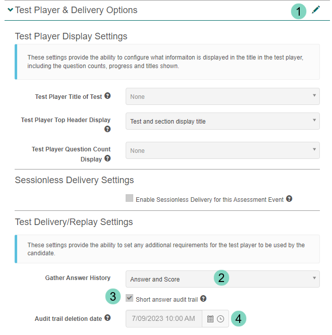 Assessment event settings