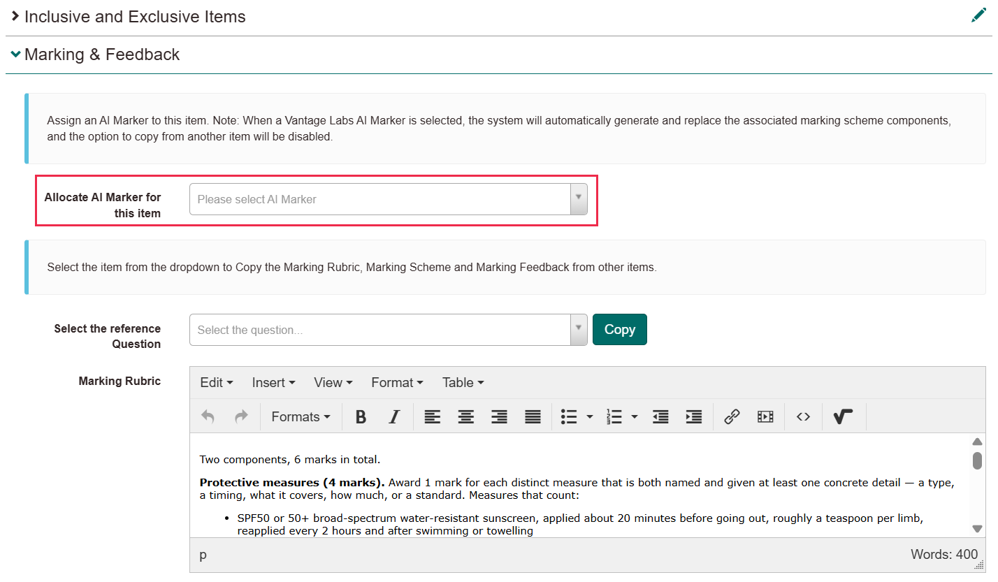 The Marking and Feedback section of an extended text item, with the Allocate AI Marker for this item field empty, above the reference question picker and the Marking Rubric editor