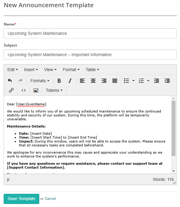 Announcement template example