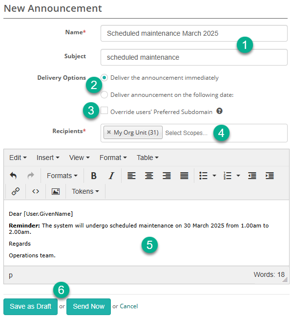 New Announcement form
