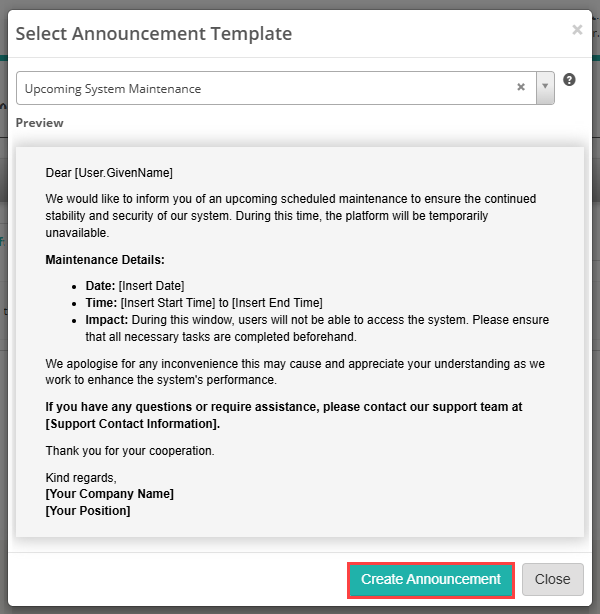 Create Announcement button