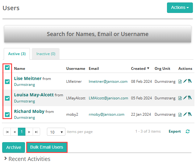 Bulk Email Users option
