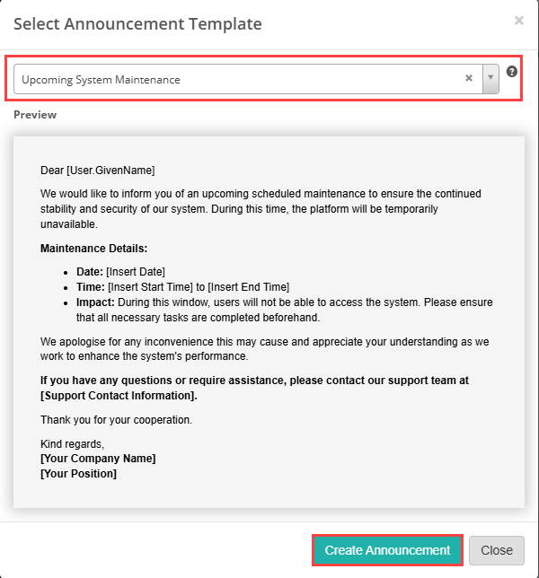 Create Announcement button