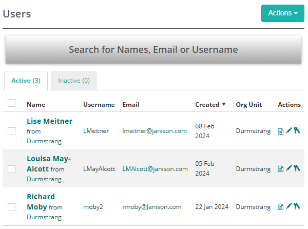 Users screen