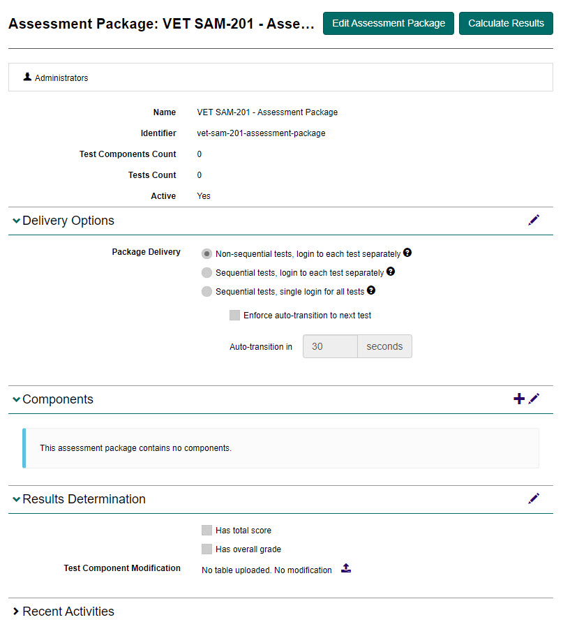 Assessment Package screen with additional options