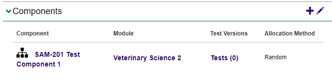 Test component listed under Components section