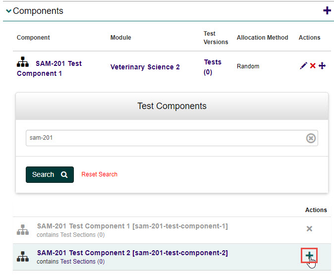 Search for test component with + icon to add