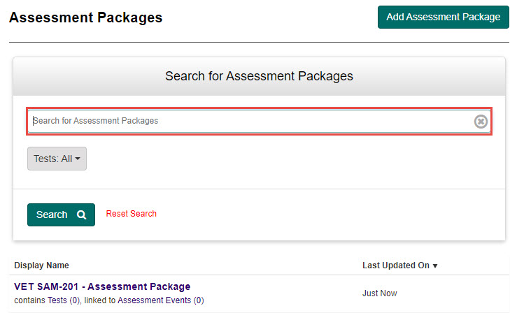 Search for Assessment Packages expandable section