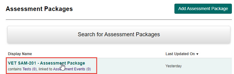 Assessment package selected from list