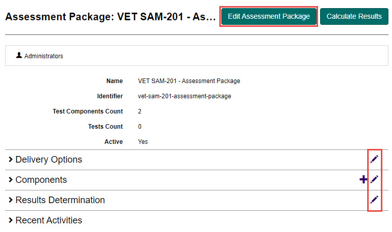 Edit Assessment Package button and edit icons