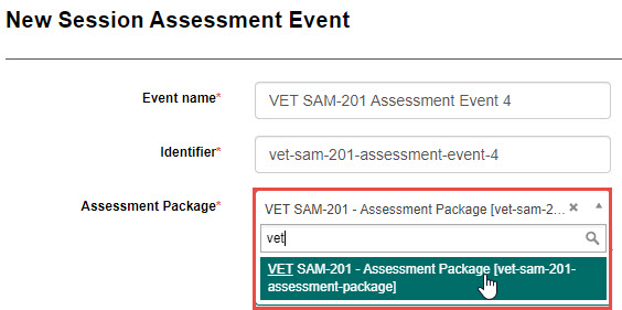 Assessment Package drop-down field in assessment event