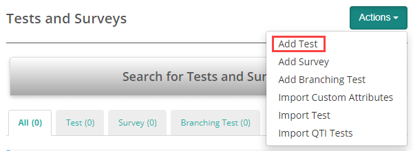 Actions dropdown with Add Test option