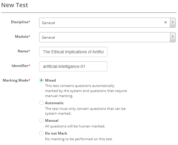 Test creation form — first section