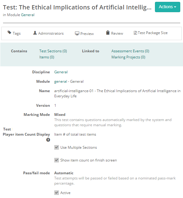 Saved test showing expandable configuration sections