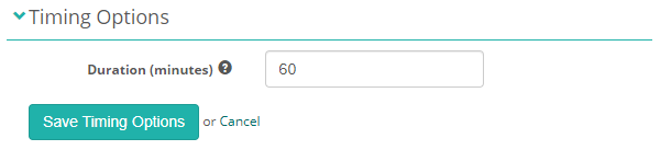 The Timing Options panel with the Duration (minutes) field set to 60 and a Save Timing Options button