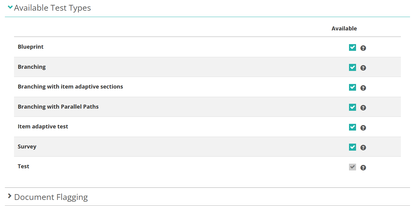 Available Test Types settings section listing the branching types with their Available checkboxes