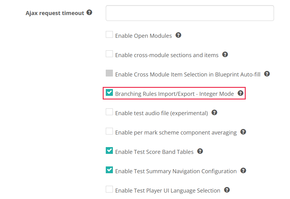 Test Authoring Settings showing the Branching Rules Import/Export - Integer Mode option