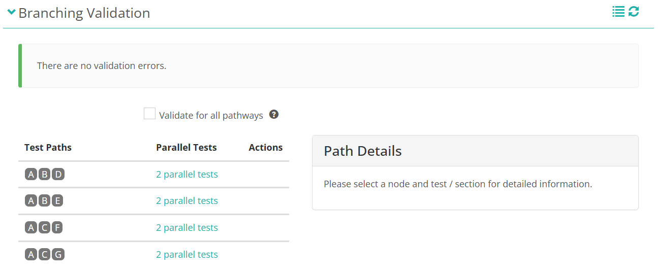 Branching Validation showing no errors, four test paths each with two parallel tests, and an empty Path Details panel