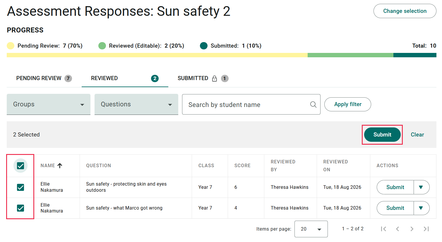The REVIEWED tab with both responses selected, the selection checkboxes and the Submit button highlighted, and a 2 Selected count with Clear beside it