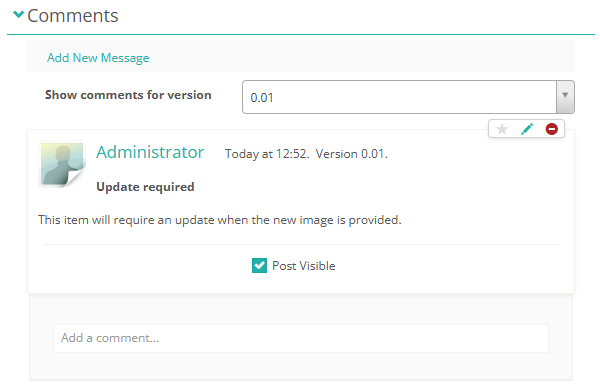 The Comments section showing an existing message with Add New Message link, Show comments for version dropdown, post actions, and Add a comment reply area