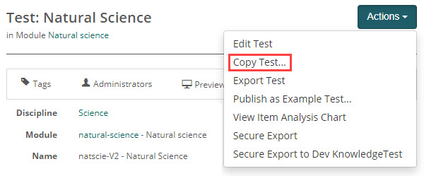 Actions dropdown with the Copy Test option