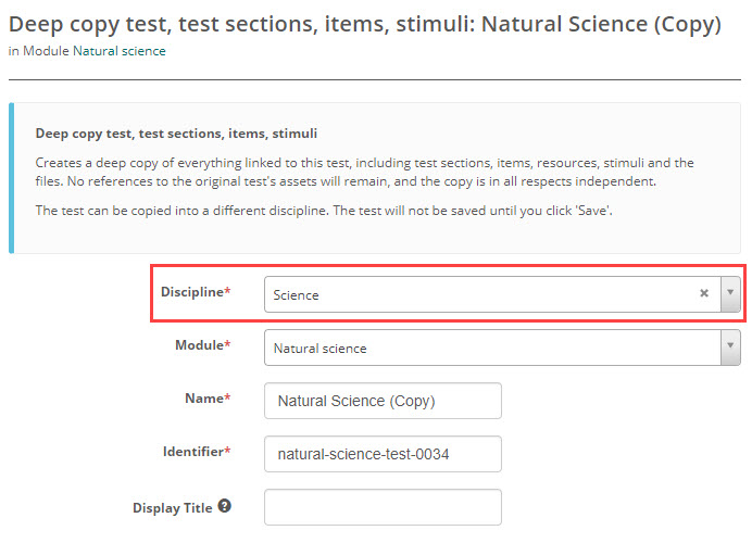 Top of the copy edit form, showing the Discipline, Module, Name, and Identifier fields