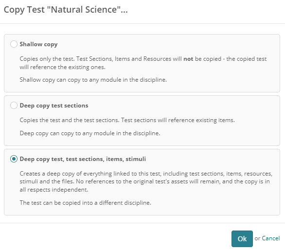 Copy Test modal showing the copy type options